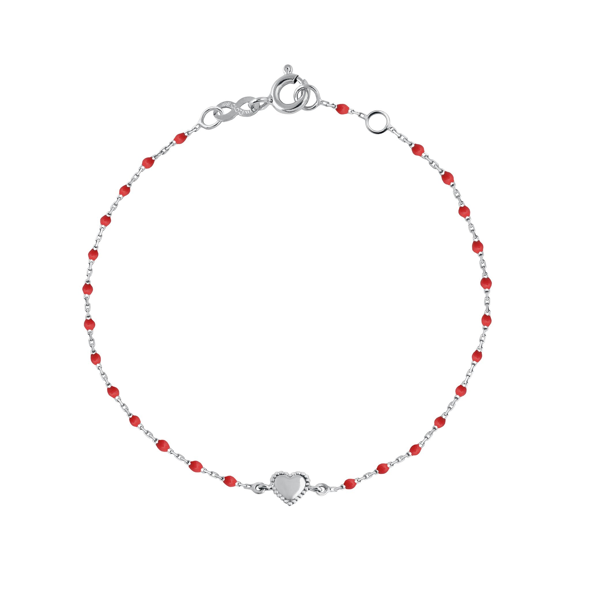 Bracelet Lucky Coeur, or blanc et mini perles de résine coquelicot, 17 cm