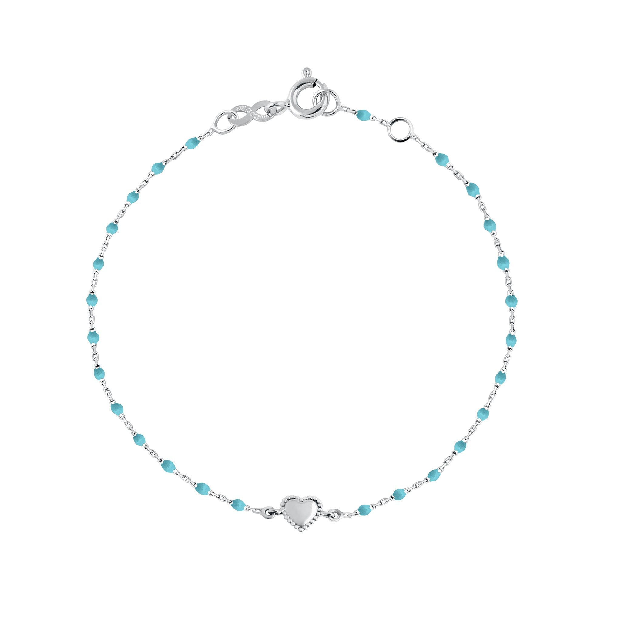 Bracelet Lucky Coeur, or blanc et mini perles de résine turquoise, 17 cm