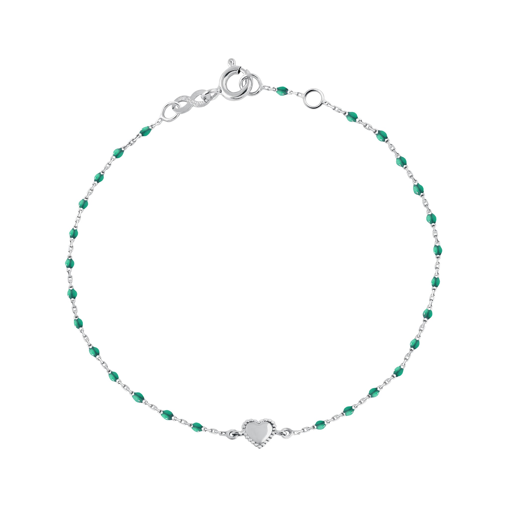 Bracelet Lucky Cœur, or blanc et mini perles de résine émeraude, 17 cm