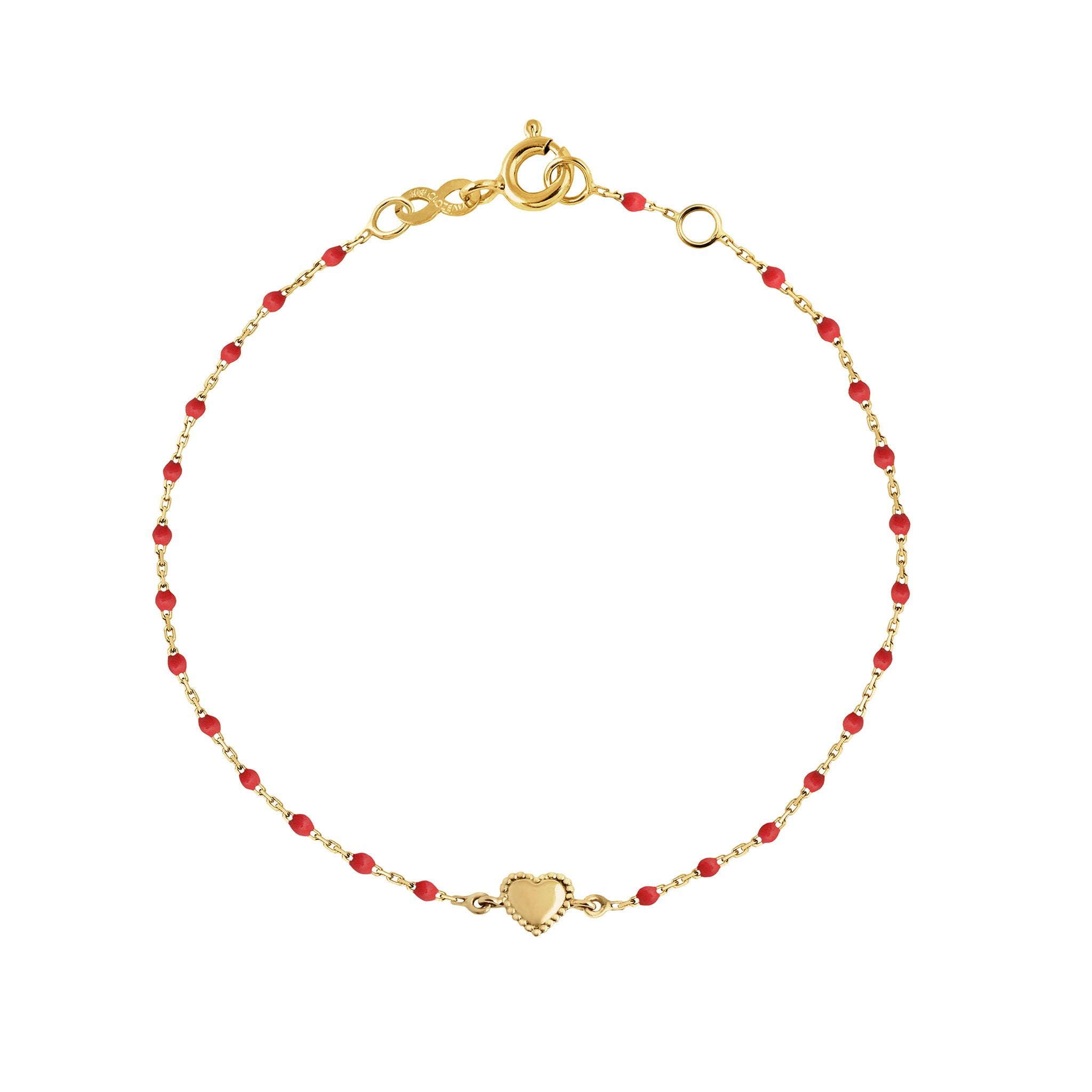 Bracelet Lucky Coeur, or jaune et mini perles de résine coquelicot, 17 cm