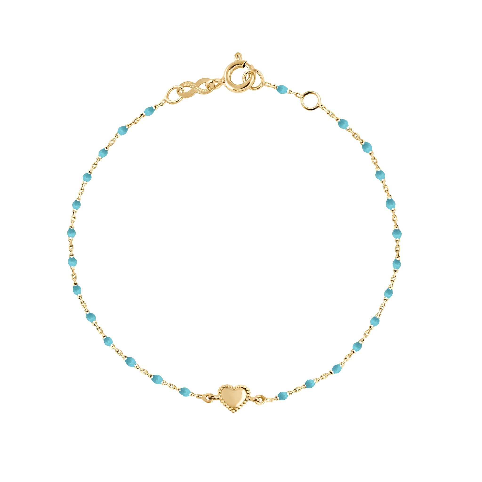 Bracelet Lucky Coeur, or jaune et mini perles de résine turquoise, 17 cm