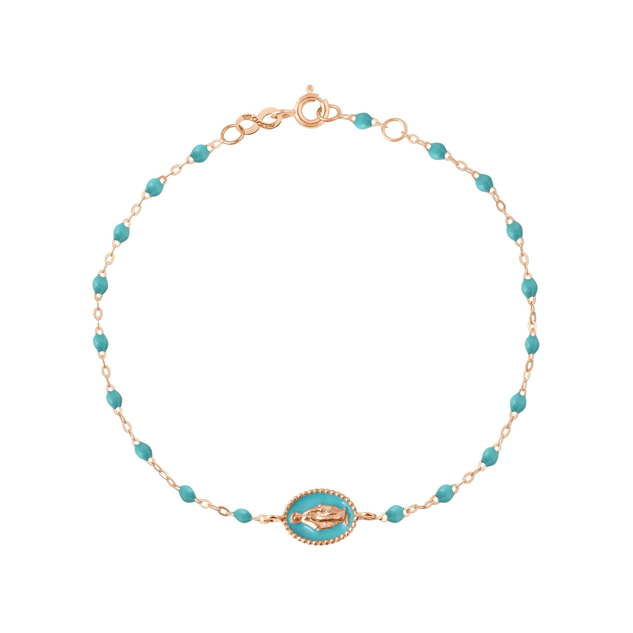 Bracelet Madone résine turquoise vert, or rose, 17 cm