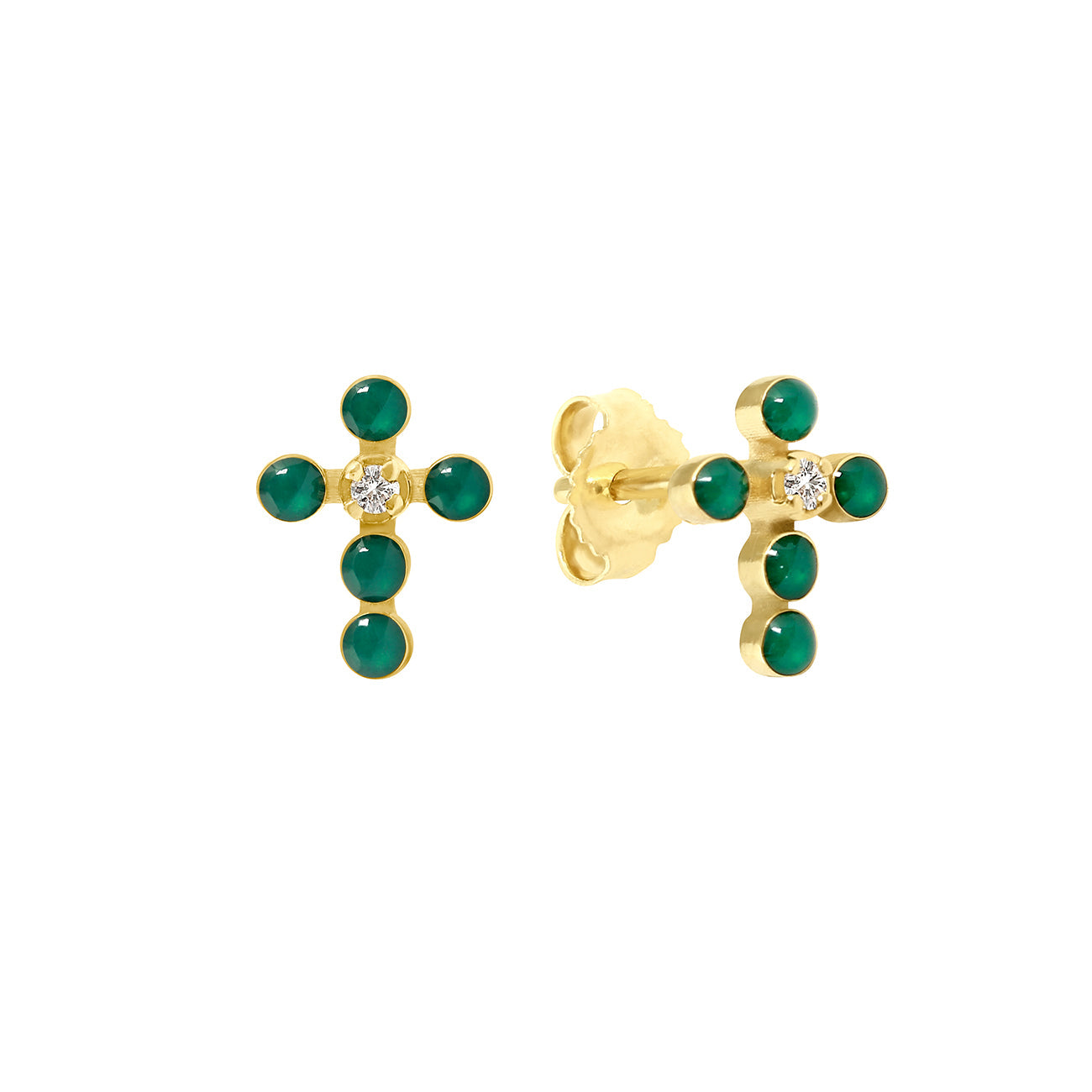 Boucles d'oreilles émeraude Croix Perlée, or jaune, diamants