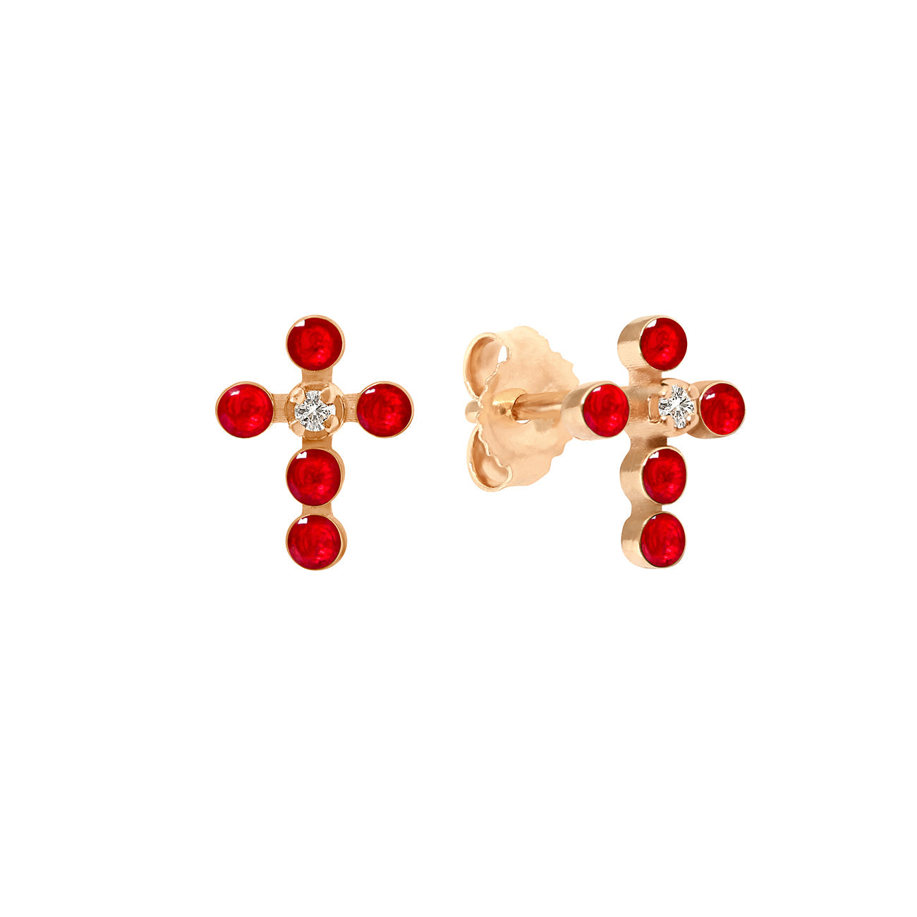 Boucles d'oreilles rubis Croix Perlée, or rose, diamants