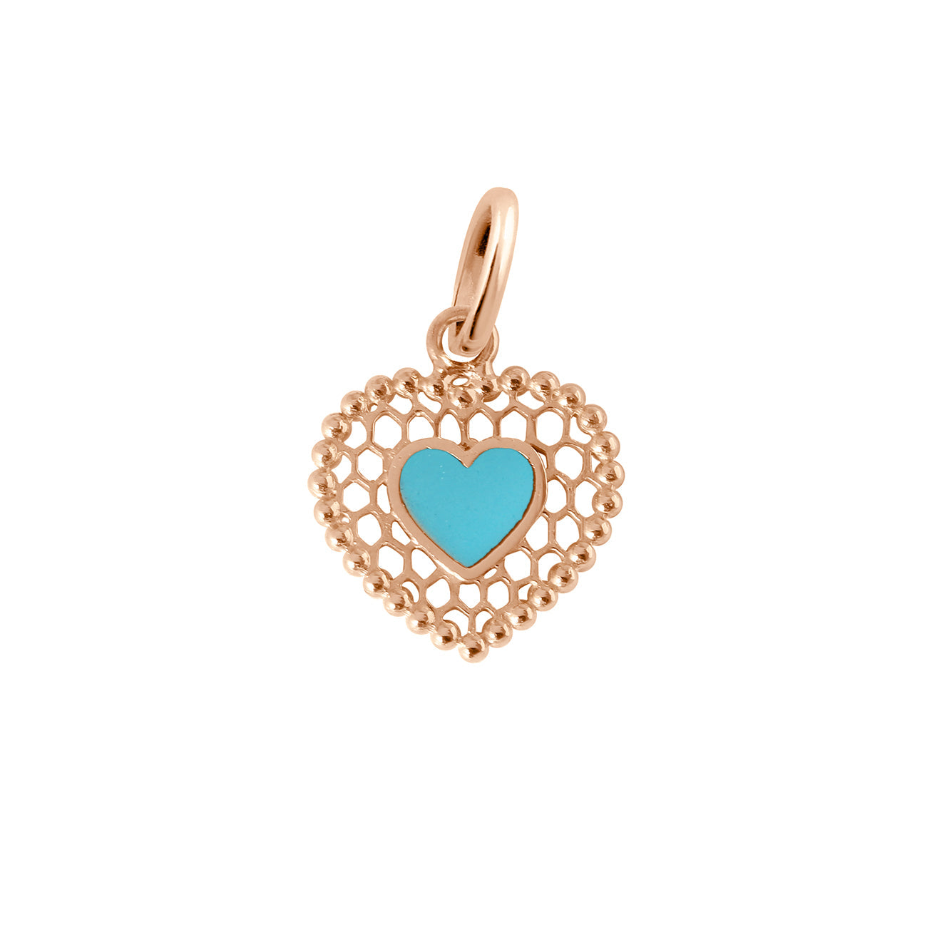 Pendentif Cœur Dentelle résine turquoise, or rose