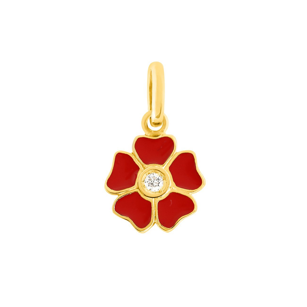 Pendentif Fleur résine coquelicot, diamant, or jaune